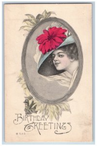 Birthday Postcard Greetings Poinsettia Flowers Pretty Woman c1910's Antique