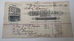 1889 T. HAWLEY & CO GENERAL HARDWARE Bridgeport Connecticut Letterhead Billhead