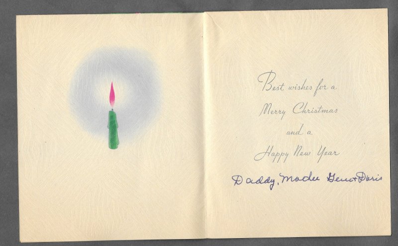 VINTAGE 1940s WWII ERA Christmas Greeting Card Art Deco CANDLE LAMP IN PINE TREE