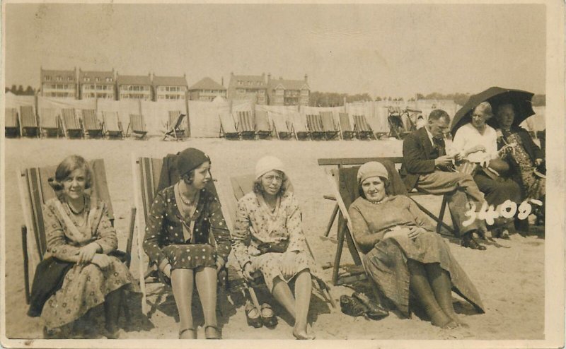 old Postcard chair sitting ladies at the beach