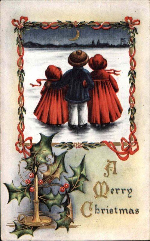 Christmas Children Watch Moon Over Ice c1910 Vintage Postcard