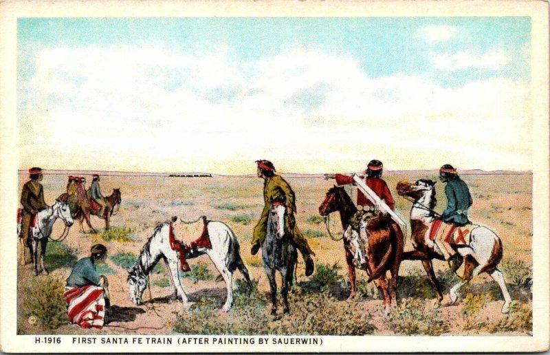 VINTAGE POSTCARD NATIVE INDIANS WATCHING THE FIRST SANTA FE TRAIN PAINTING BY SA