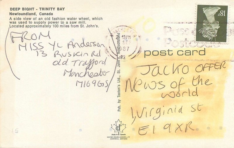 Postcard England Canada Newfoundland water wheel Trinity Bay