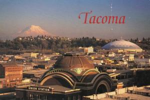 Washington Tacoma Skyline Showing Union Station Tacoma Dome and Mt Rainier In...