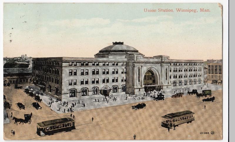 Canada; Union Station, Winnipeg PPC, 1911 Birmingham PMK To Mrs Waite, Boscombe 