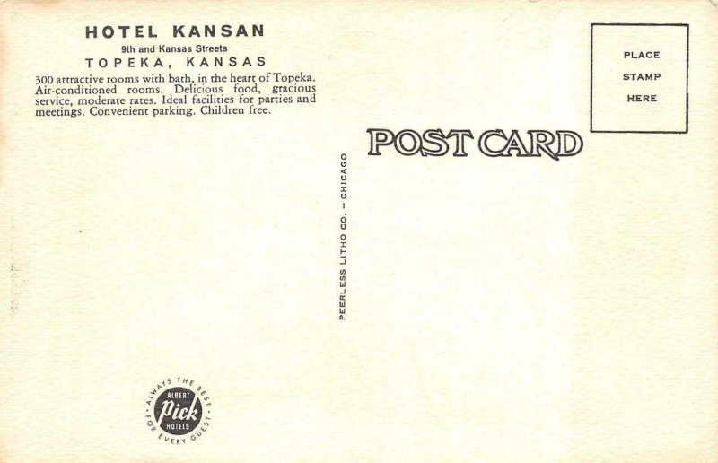 TOPEKA, Kansas KS    HOTEL KANSAN Albert Pick Hotel  ARTIST VIEW Linen Postcard