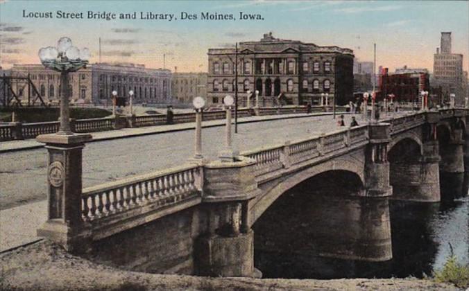 Iowa Des Moines Locust Street Bridge and Library 1914 Curteich