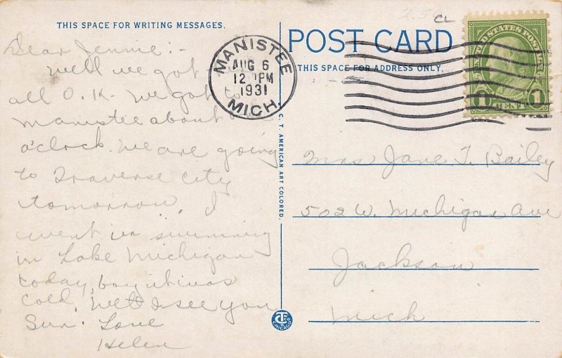 River Street Cars Two Drug Stores Manistee Michigan 1931 postcard