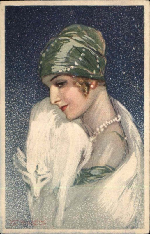 Beautiful Woman Art Deco Fox Fur Jewelery Snow c1920s MAUZAN Postcard