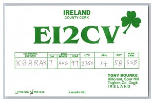 Postcard QSL CB Ham Radio Amateur Card From County Cork Ireland EI2CV