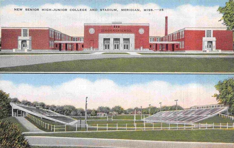 Senior High Junior College & Stadium Meridian Mississippi 1942 linen postcard