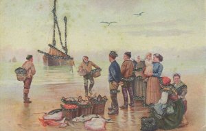 Fisherman Baskets Of Fish Real Glitter Antique Fishing Postcard