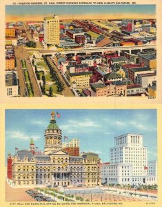 BALTIMORE, Maryland MD   BIRD'S EYE VIEW~St Paul St & CITY HALL  *2* Postcards