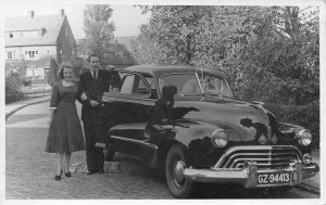 RPPC Classic Car, Couple & Dog Real Photo UK? Automobile c1940s Vintage Postcard
