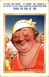 Woman Comic Fat Lady on Beach c1940s Postcard