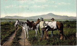 VINTAGE POSTCARD COWBOYS PUTTING ON THE PACK HORSES MAILED HAMILTON MONTA 1910