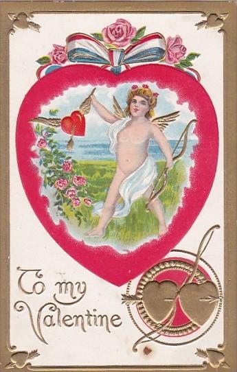 Valentine's Day Cupid With Red Heart and Patriotic Red White and Blue Ribbon