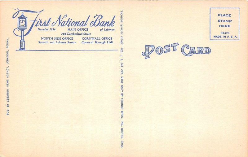 J28/ Lebanon Pennsylvania Postcard Linen First National Bank Building  227