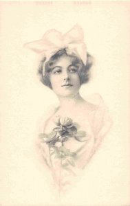 Beautiful Lady Bow in Hair Flowers Scheslinger Bros 1910c postcard