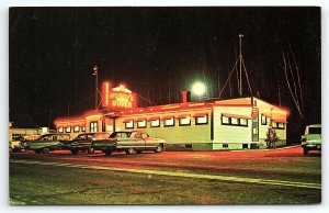 1960s WALDOBORO MAINE MOODY'S DINER US 1 NEON SIGN BESIDE MOTEL POSTCARD P2933