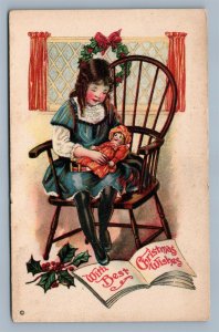 GIRL w/ DOLL CHRISTMAS WISHES ANTIQUE POSTCARD