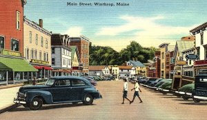 1930s WINTHROP MAINE MAIN STREET BUSINESS DISTRICT UNPOSTED LINEN POSTCARD P565