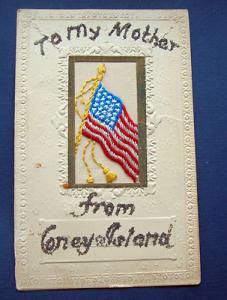 C1910 Coney Island NY Souvenir Silk & Embroidered Flag Ce...