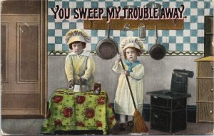 'You Sweep My Trouble Away' Children Girls Broom Kitchen Series 173 Postcard F92