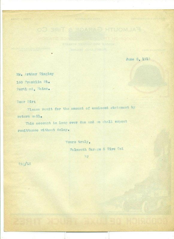 1919 Falmouth Garage & Tire Co. Maine to Mr. Arthur Tingley Letter Head LH1. 