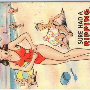 c1940s Comic Beach Woman Rips Bathing Suit Linen PC Creepy Men Risque Cute A293