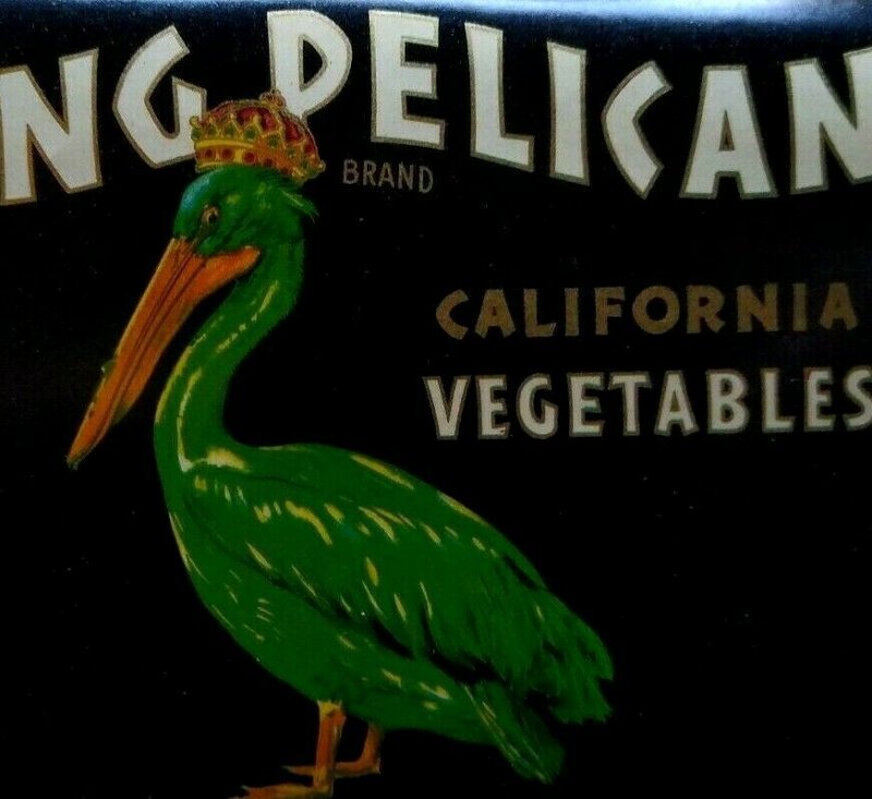 King Pelican Humanized With Crown Vegetable Crate Label Vintage Original 1930's