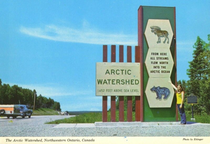 The Arctic Watershed Northwestern ON Ontario Girl Old Car Vintage Postcard D20