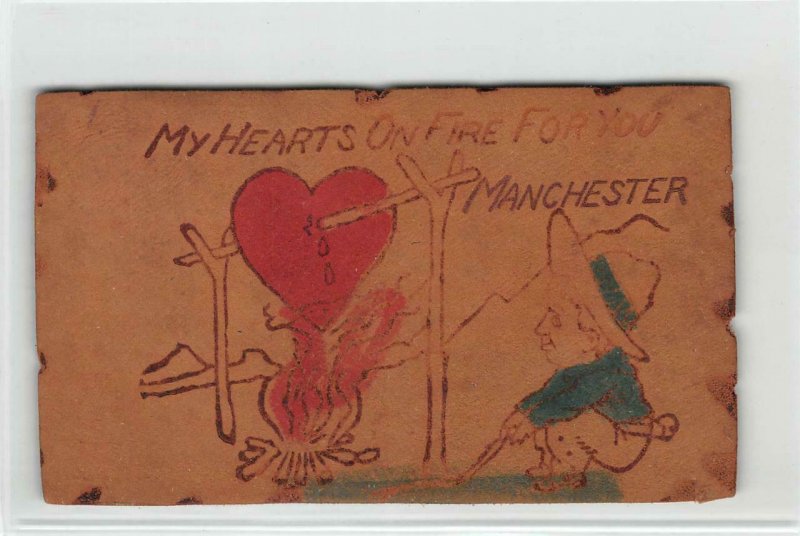 My Hearts On Fire Manchester, Iowa Cowboy Comic 1906 Vintage Leather Postcard