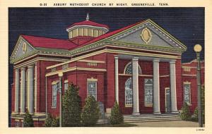 GREENVILLE, TN  Tennessee  ASBURY METHODIST CHURCH-Night  c1940's Linen Postcard