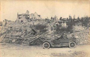 RPPC WWI DESTRUCTION HOTEL DE VILLE CAR MILITARY REAL PHOTO POSTCARD (c. 1919)