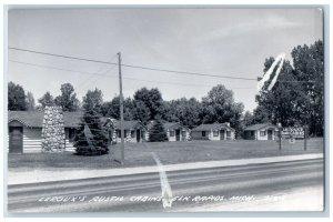 Elk Rapids IA Postcard RPPC Photo Leroux's Rustic Cabins Roadside c1950s Vintage