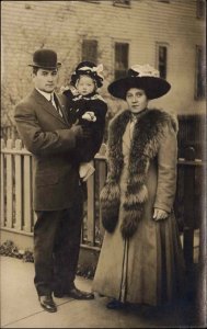 Mother Father and Child Vintage Clothing Fur Stole c1910 Real Photo Postcard