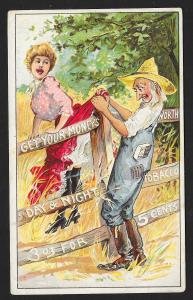 VICTORIAN TRADE CARD Night&Day Tobacco Pretty Girl's Skirt Stuck on Fence Farmer