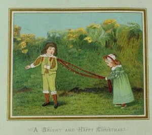 Victorian Christmas Trade Card Adorable Boy & Girl Pretend Sleigh Bells F80