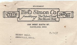 1937 M AND D SIMON CO. CLEVELAND OH TYBEST SCARF SINCERE SHIRT BILLHEAD Z2477