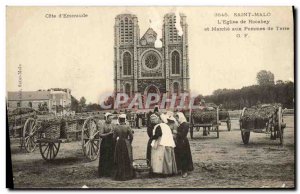 Old Postcard The Church Of Saint Malo Rocabey and walking with potatoes