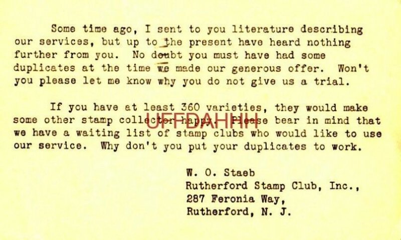 PUT YOUR DUPLICATES TO WORK, W. O. STAEB, RUTHERFORD STAMP CLUB, NEW JERSEY 1944