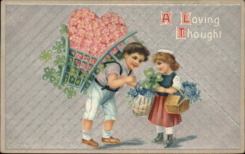 Little Boy and Girl w Hearts & Flowers EMBOSSED c1910 Postcard