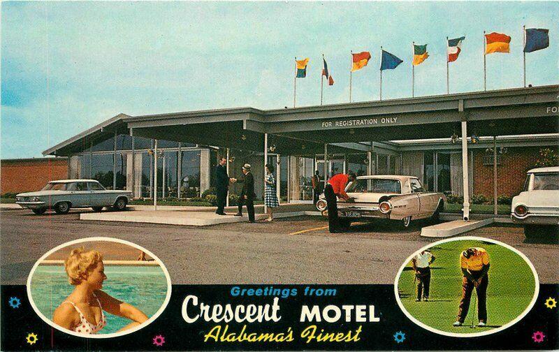 Crescent Motel Ford Thunderbird Pool golfing 1960s Postcard Decatur Alabama 2428