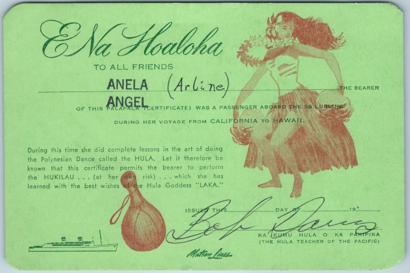 c1950s SS Lurline Hawaii Hula Certificate Matson Lines CA Ship Dance Novelty