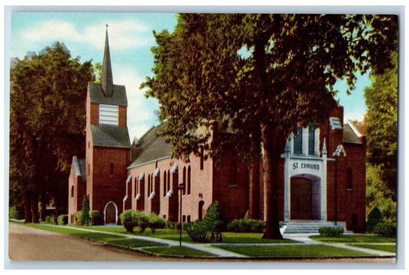 Watseka Illinois IL Postcard St. Edmund Catholic Church Scene Street c1930's