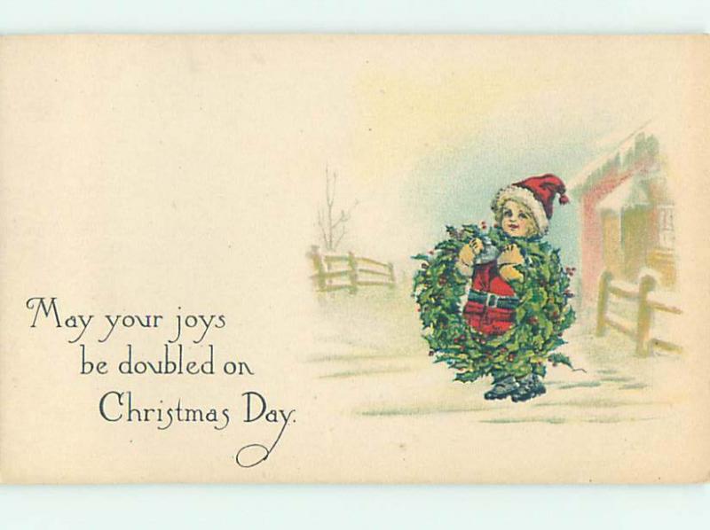 Pre-Linen christmas GIRL DRESSED IN SANTA COSTUME CARRYING WREATH hr2879