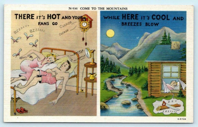 3 Comic Postcards COME TO THE MOUNTAINS Tempting Weather ca 1940s Linens