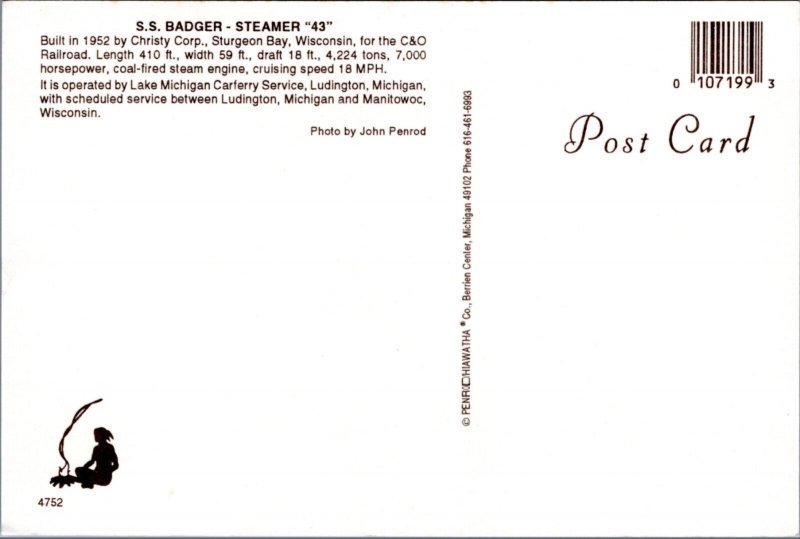 Postcard ship S.S. Badger - Steamer 43 - Lake Michigan Car ferry Service