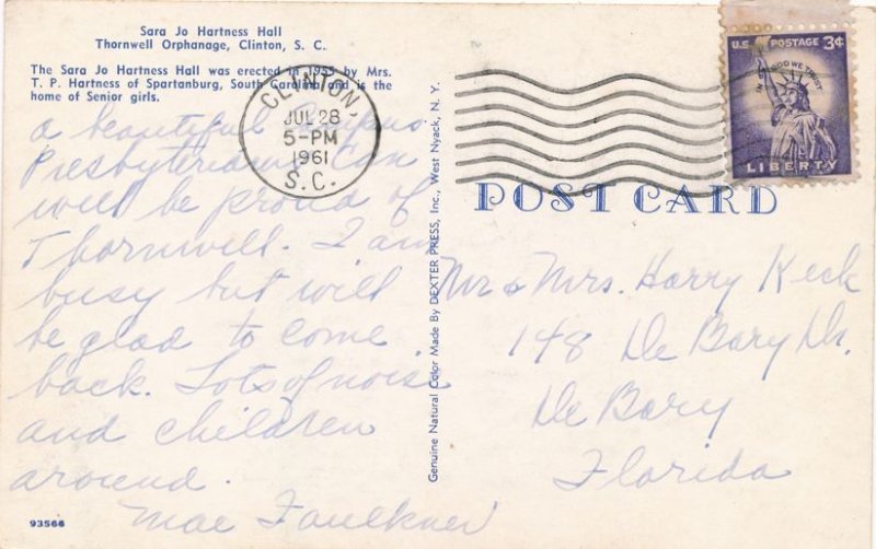 Thornwall Orphanage Sara Jo Hartness Hall - Clinton SC, South Carolina - pm 1961